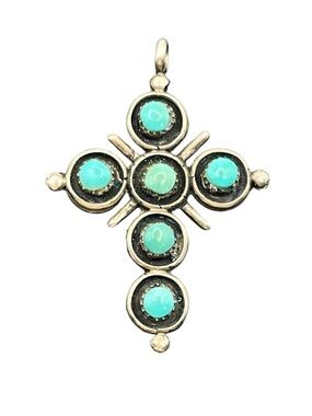 Native American reversible sterling silver turquoise & coral cross pendant